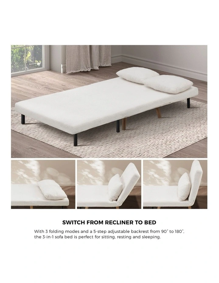 Oikiture Sofa Bed Lounge Chair Sherpa Fabric Recliner Wood Leg Double Seat White image 6