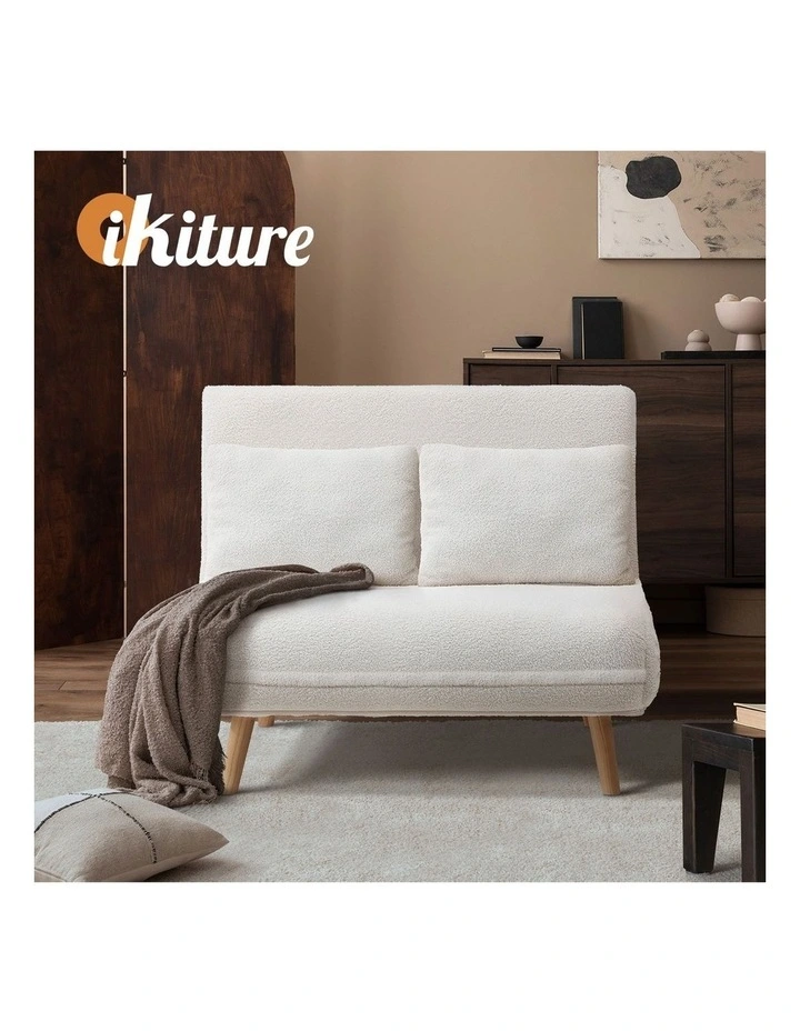 Oikiture Sofa Bed Lounge Chair Sherpa Fabric Recliner Wood Leg Double Seat White image 7