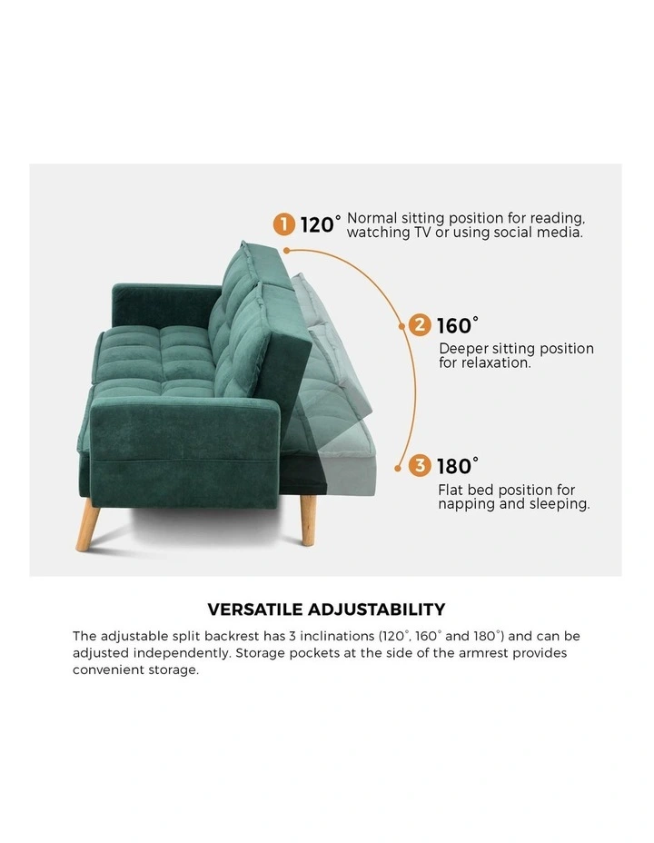 Oikiture Sofa Bed Futon Convertible Velvet Lounge Couch 3-Seater Recliner Green image 6
