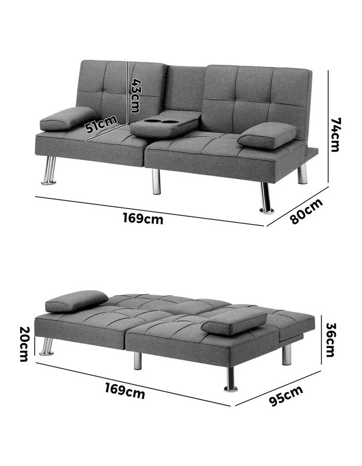 Oikiture Sofa Bed Lounge 3 Seater Futon Couch Beds Recliner Cup Holder Fabric image 3