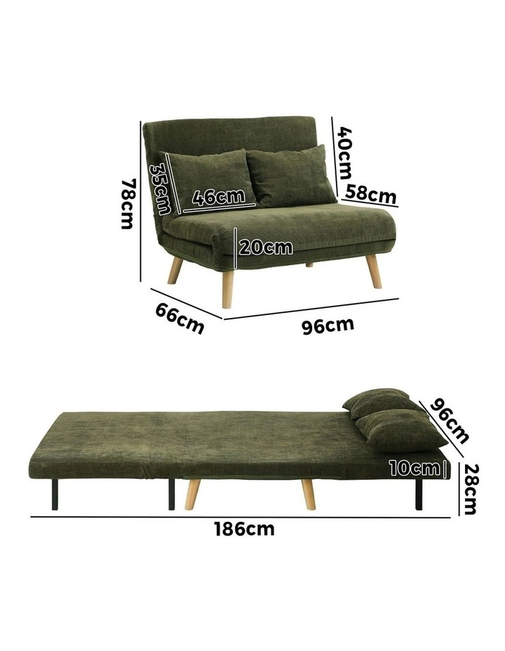 Oikiture Folding Sofa Bed Lounge Chair Corduroy Recliner Wood Leg 2 Seater Green image 3