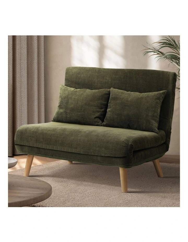 Oikiture Folding Sofa Bed Lounge Chair Corduroy Recliner Wood Leg 2 Seater Green image 4