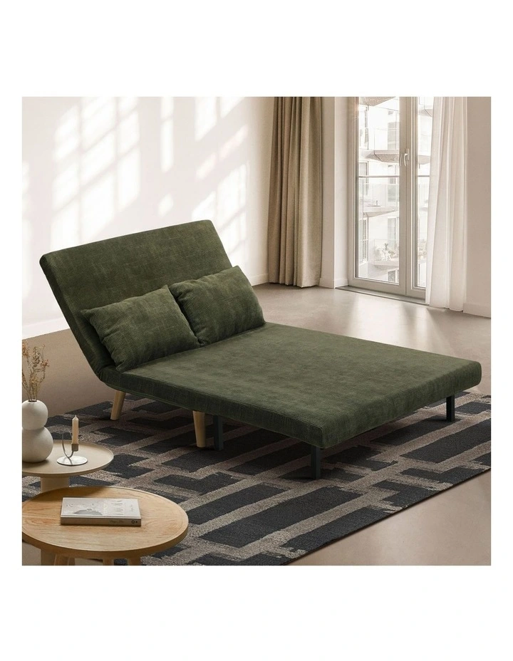 Oikiture Folding Sofa Bed Lounge Chair Corduroy Recliner Wood Leg 2 Seater Green image 5