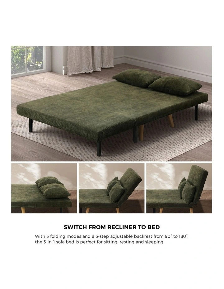 Oikiture Folding Sofa Bed Lounge Chair Corduroy Recliner Wood Leg 2 Seater Green image 6