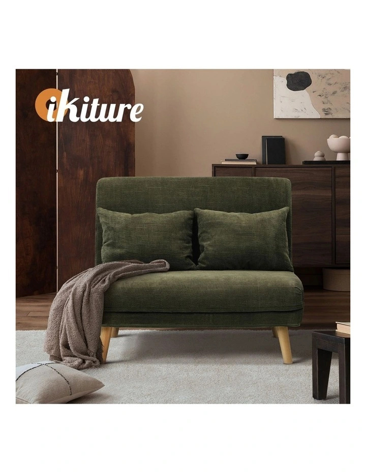 Oikiture Folding Sofa Bed Lounge Chair Corduroy Recliner Wood Leg 2 Seater Green image 7