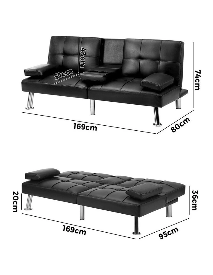 Oikiture Sofa Bed Lounge Leather 3 Seater Futon Couch Beds Sofabeds Cup Holder image 3