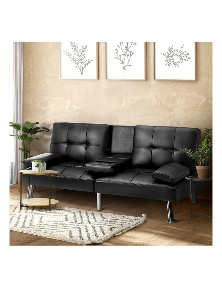 Oikiture Sofa Bed Lounge Leather 3 Seater Futon Couch Beds Sofabeds Cup Holder image 4