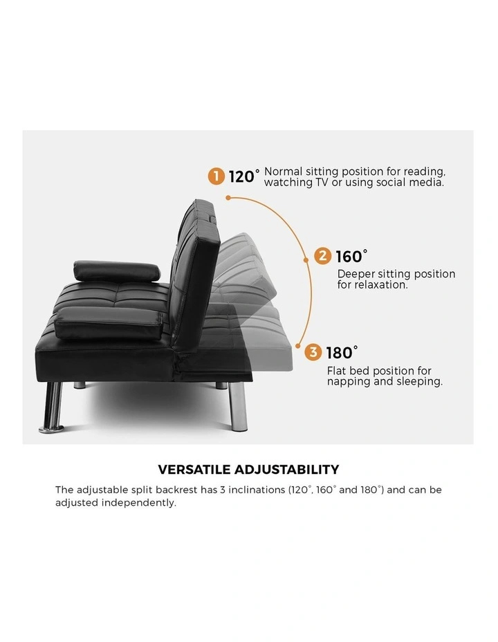 Oikiture Sofa Bed Lounge Leather 3 Seater Futon Couch Beds Sofabeds Cup Holder image 6