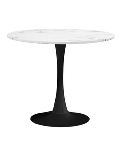 Oikiture 90cm Dining Table Kitchen Marble Tulip Round Metal Leg White&Black