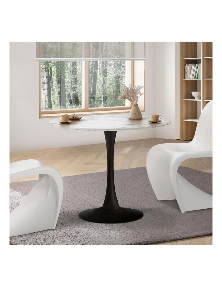 Oikiture 90cm Dining Table Kitchen Marble Tulip Round Metal Leg White&Black image 4