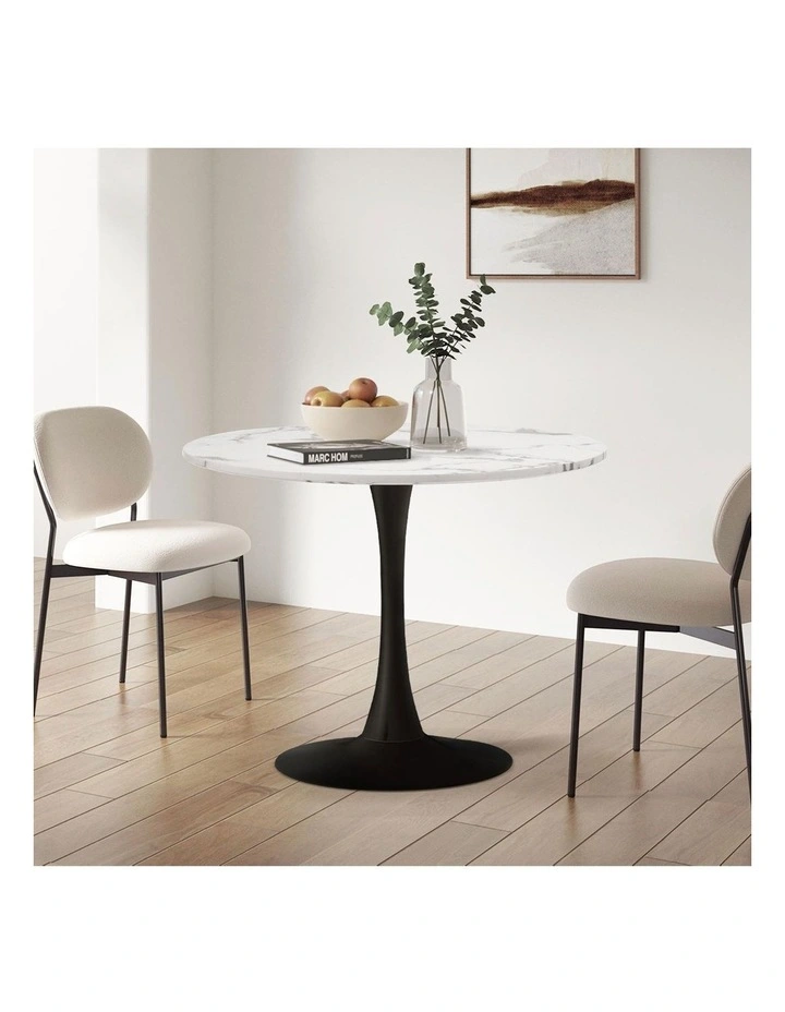 Oikiture 90cm Dining Table Kitchen Marble Tulip Round Metal Leg White&Black image 5
