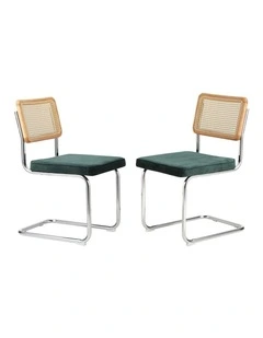 Oikiture 2x Rattan Dining Chair Cesca Replica Cantilever Velvet Padded Green