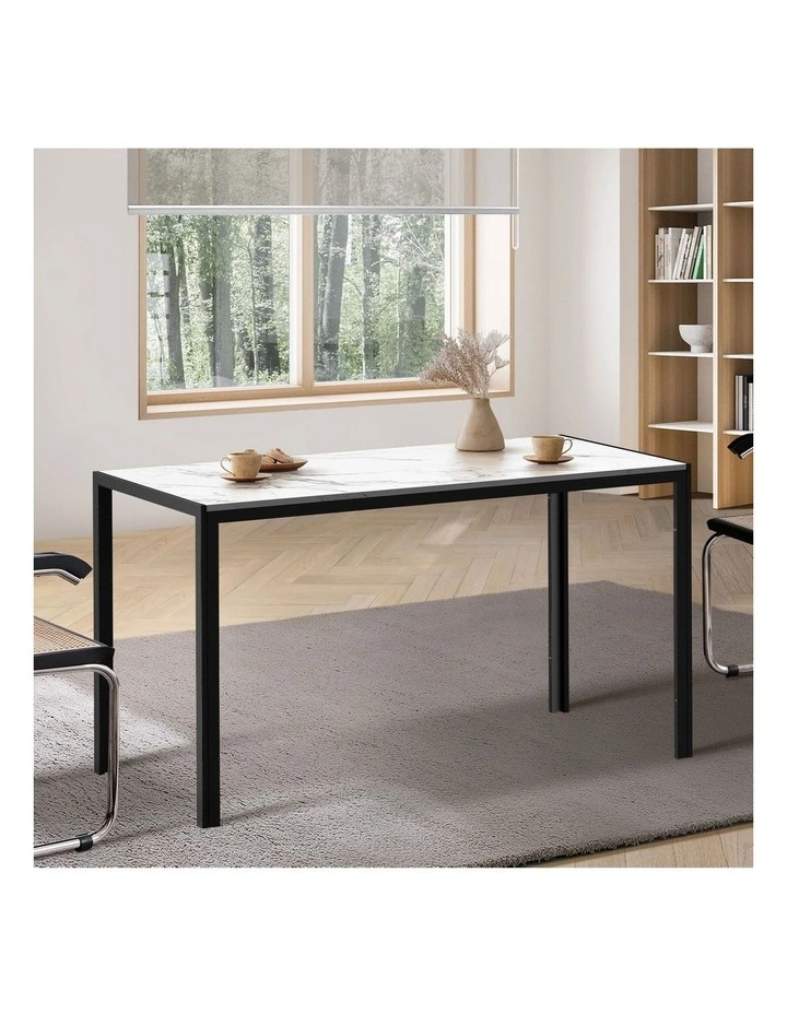 Oikiture 140cm Dining Table Rectangular Kitchen Table with Metal Leg White&Black image 4