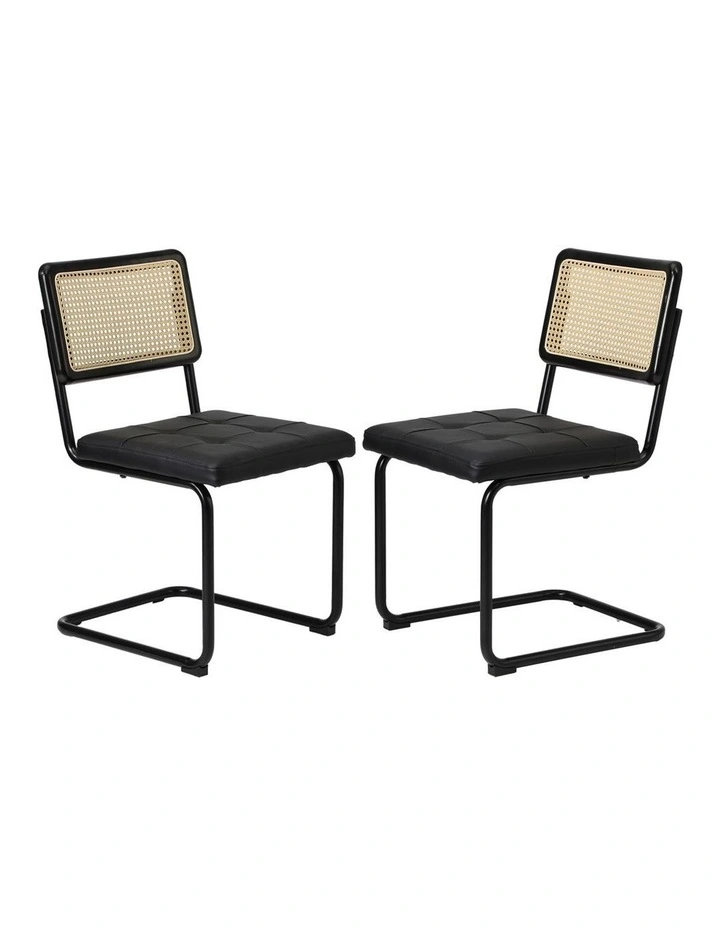 Oikiture 2x Rattan Dining Chair Cesca Replica Cantilever PU Leather Padded Black image 1