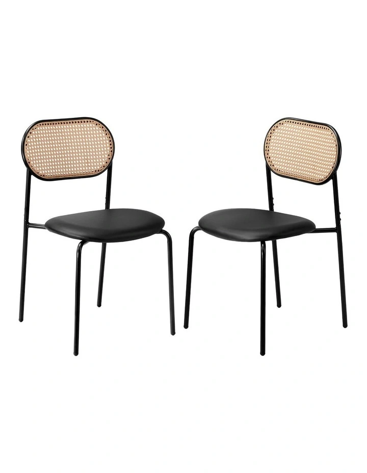 Oikiture 2PCS Dining Chair Accent Chairs Rattan Furniture PU Leather Black image 1
