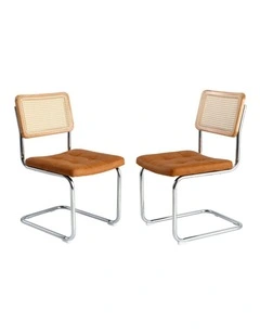 Oikiture 2x Rattan Dining Chair Cesca Replica Cantilever PU Leather Padded Brown