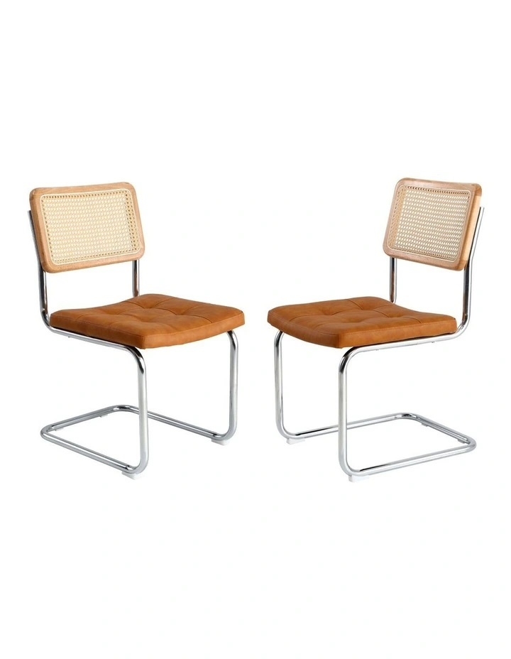 Oikiture 2x Rattan Dining Chair Cesca Replica Cantilever PU Leather Padded Brown image 1