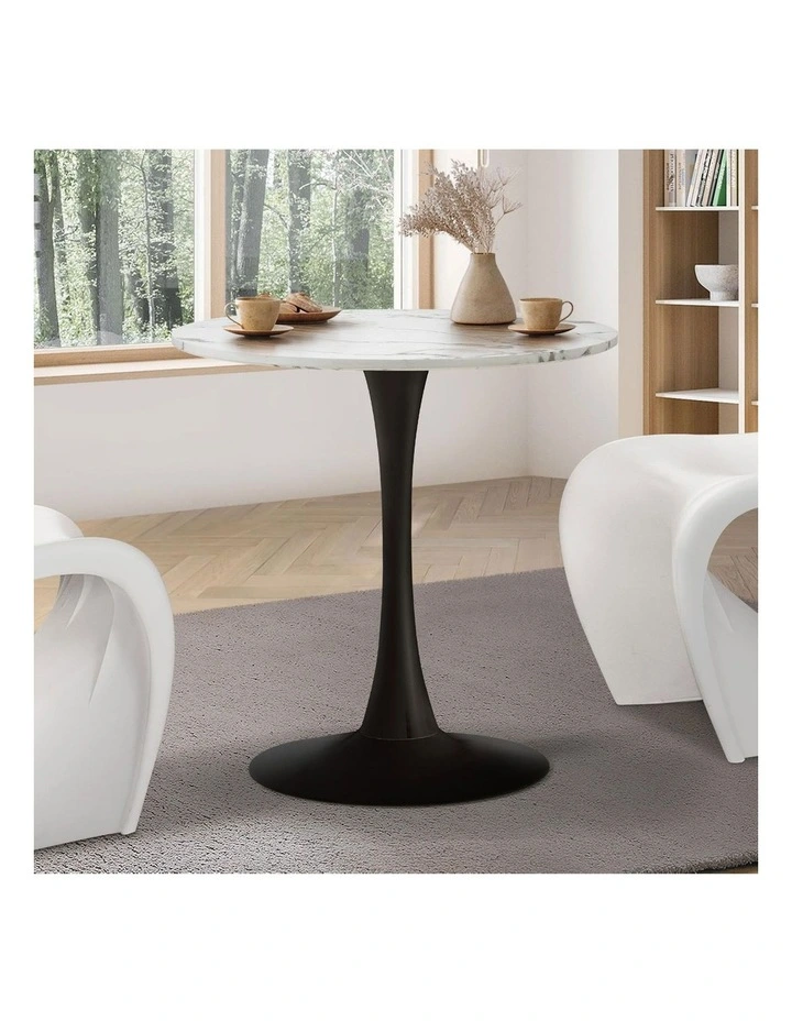 Oikiture 60cm Dining Table Kitchen Marble Tulip Round Metal Leg White&Black image 4
