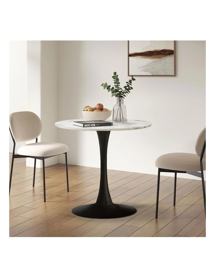 Oikiture 60cm Dining Table Kitchen Marble Tulip Round Metal Leg White&Black image 5