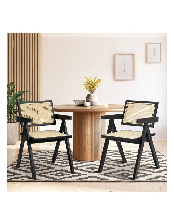 Oikiture 2x Dining Chairs Rattan Chair Wooden Accent Chair Black image 4