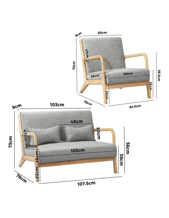 Oikiture 2PCS Armchair Lounge Chair set 1/2 Seater with 2 Pillows Fabric Grey image 3