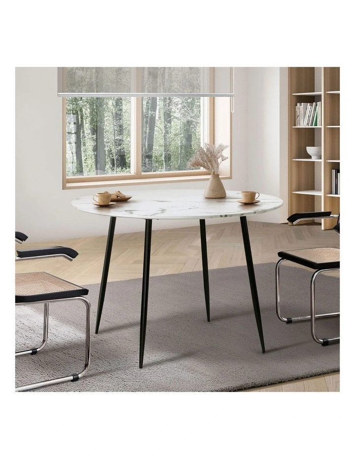 Oikiture 110cm Dining Table Round Wooden Table With Marble Effect Metal Legs WH image 4