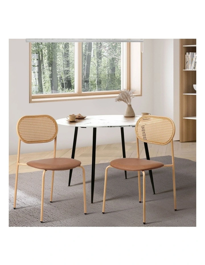 Oikiture 2PCS Dining Chair Accent Chairs Rattan Furniture PU Leather Brown image 4