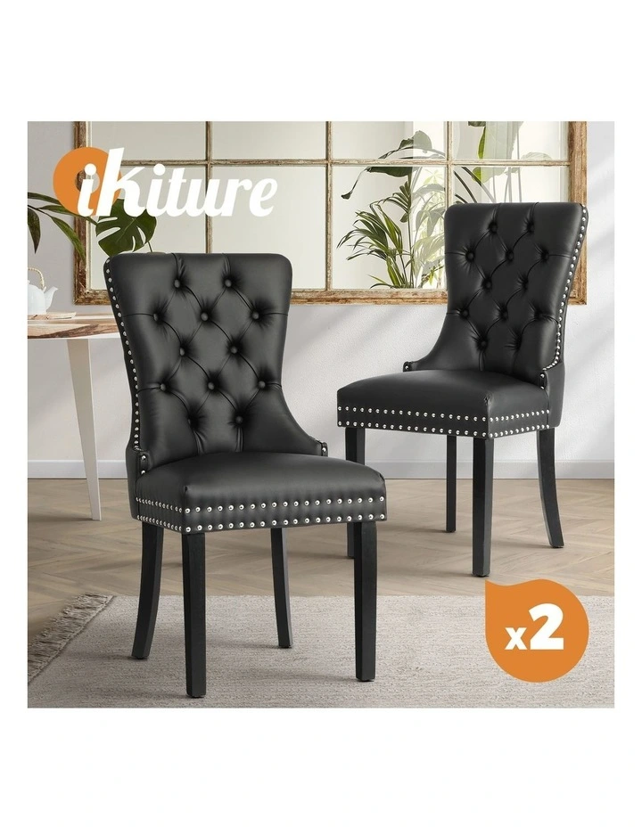 Oikiture 2x Dining Chairs Upholstered French Provincial Tufted PU Leather Black image 4