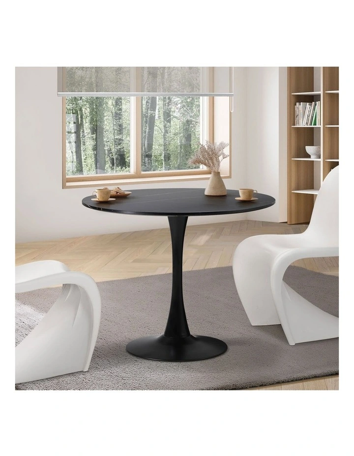 Oikiture 90cm Dining Table Kitchen Swivel Marble Tulip Round Metal Leg Black image 4