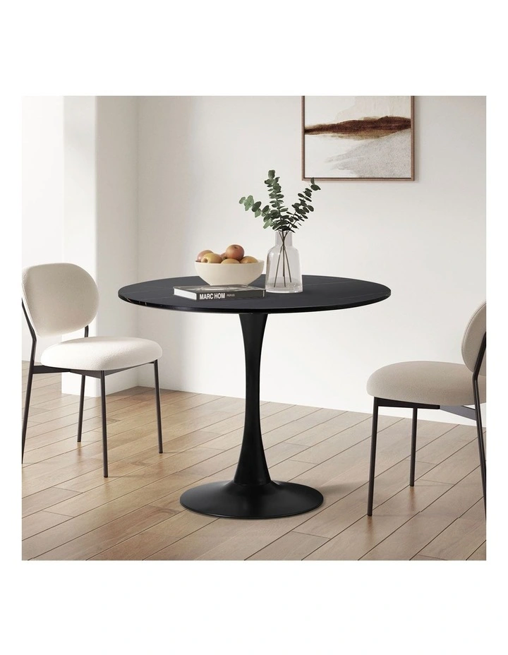 Oikiture 90cm Dining Table Kitchen Swivel Marble Tulip Round Metal Leg Black image 5