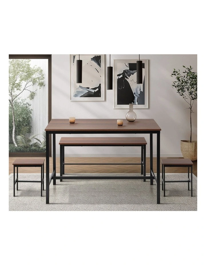 Oikiture Industrial Dining Table 4 Seaters with Kitchen Bench Chairs Natural image 5
