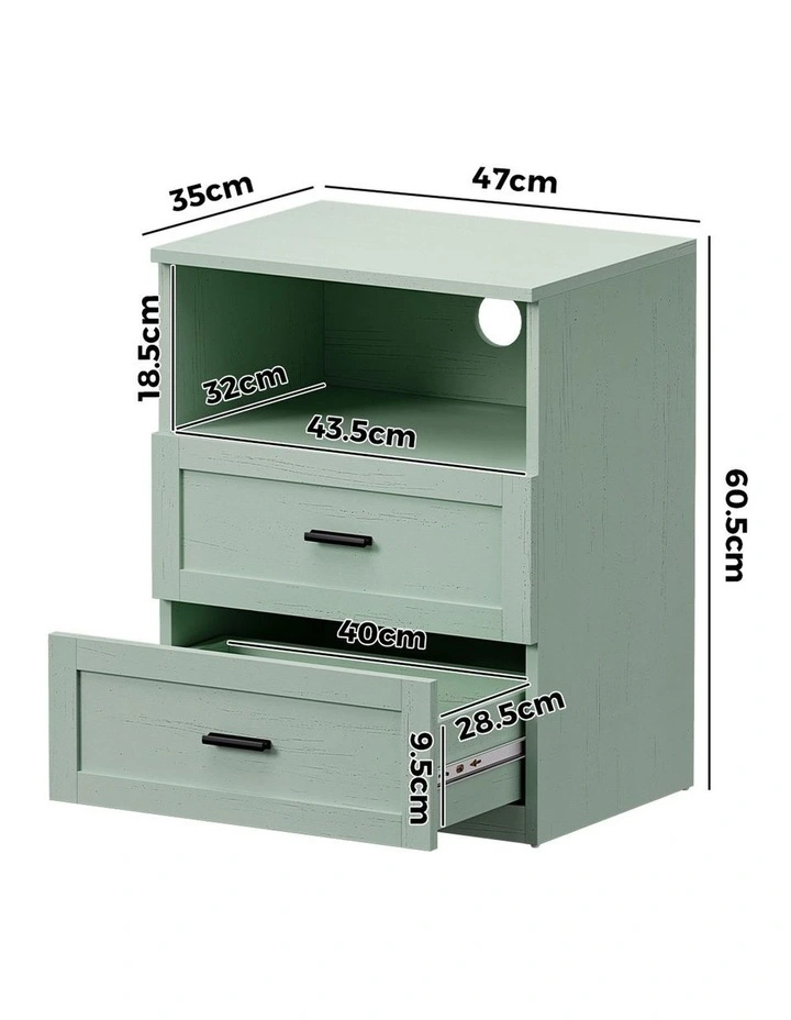 Oikiture Bedside Table 2 Drawers Open Shelf Nightstand Cabinet Green image 3