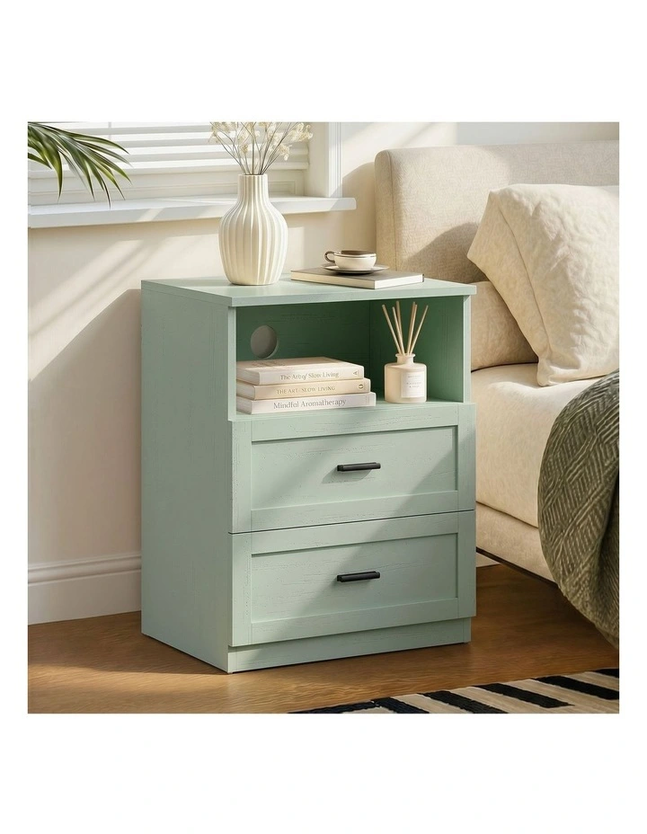 Oikiture Bedside Table 2 Drawers Open Shelf Nightstand Cabinet Green image 4