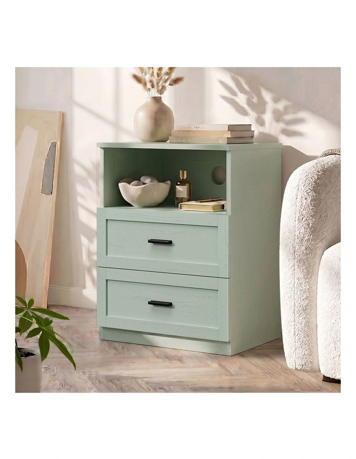 Oikiture Bedside Table 2 Drawers Open Shelf Nightstand Cabinet Green image 5