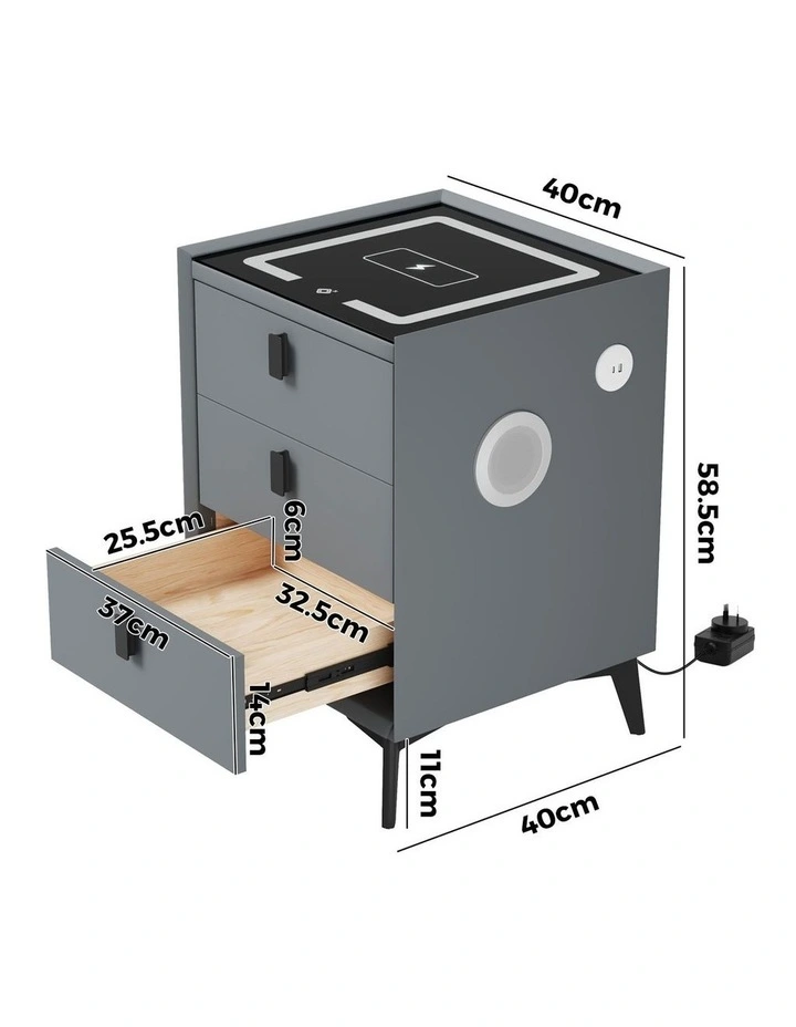 Oikiture Smart Bedside Table Wireless Charging LED Lights 3 Drawers Nightstand image 3