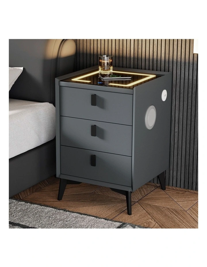 Oikiture Smart Bedside Table Wireless Charging LED Lights 3 Drawers Nightstand image 4