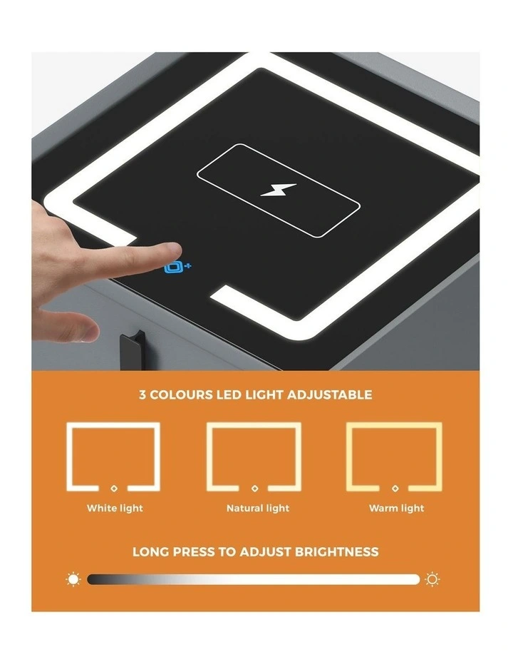 Oikiture Smart Bedside Table Wireless Charging LED Lights 3 Drawers Nightstand image 5