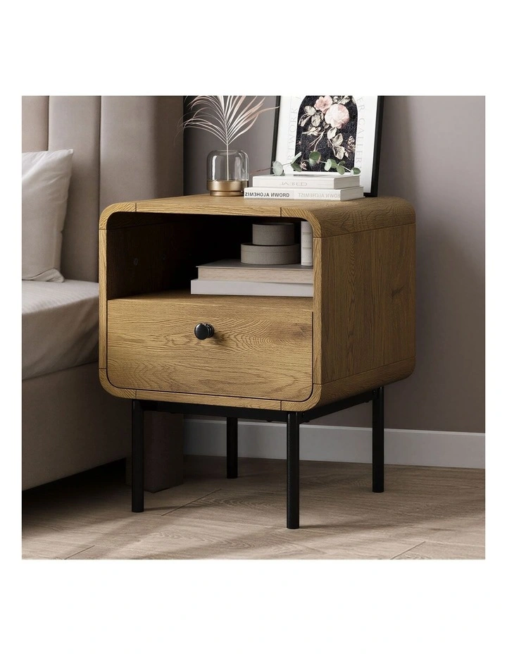 Oikiture Bedside Table Side Table Bedroom Storage Nightstand Metal Natural image 4