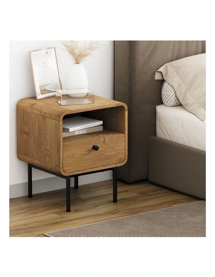 Oikiture Bedside Table Side Table Bedroom Storage Nightstand Metal Natural image 5