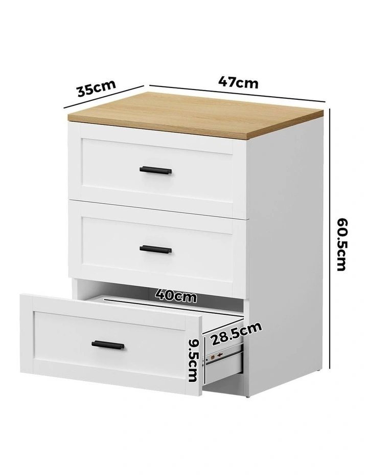 Oikiture Bedside Table 3 Drawers Nightstand Cabinet End Table Natural&White image 3