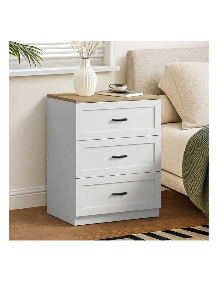 Oikiture Bedside Table 3 Drawers Nightstand Cabinet End Table Natural&White image 4