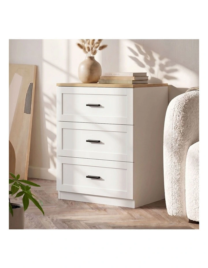 Oikiture Bedside Table 3 Drawers Nightstand Cabinet End Table Natural&White image 5
