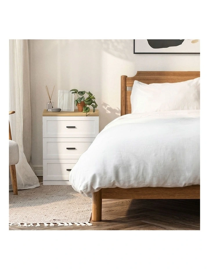 Oikiture Bedside Table 3 Drawers Nightstand Cabinet End Table Natural&White image 7
