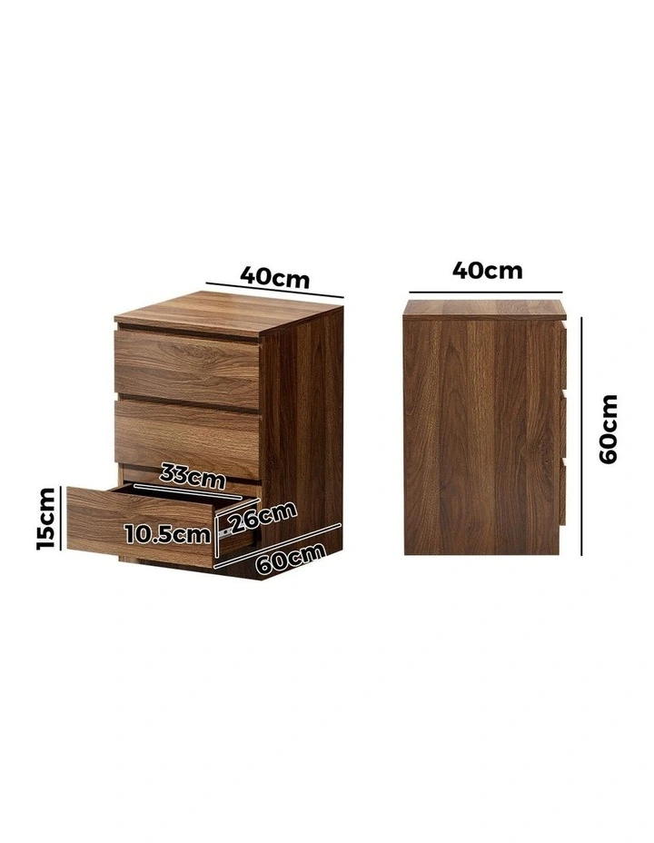 Oikiture Bedside Table 3 Drawers Side Tables Storage Cabinet Nightstand Walnut image 3