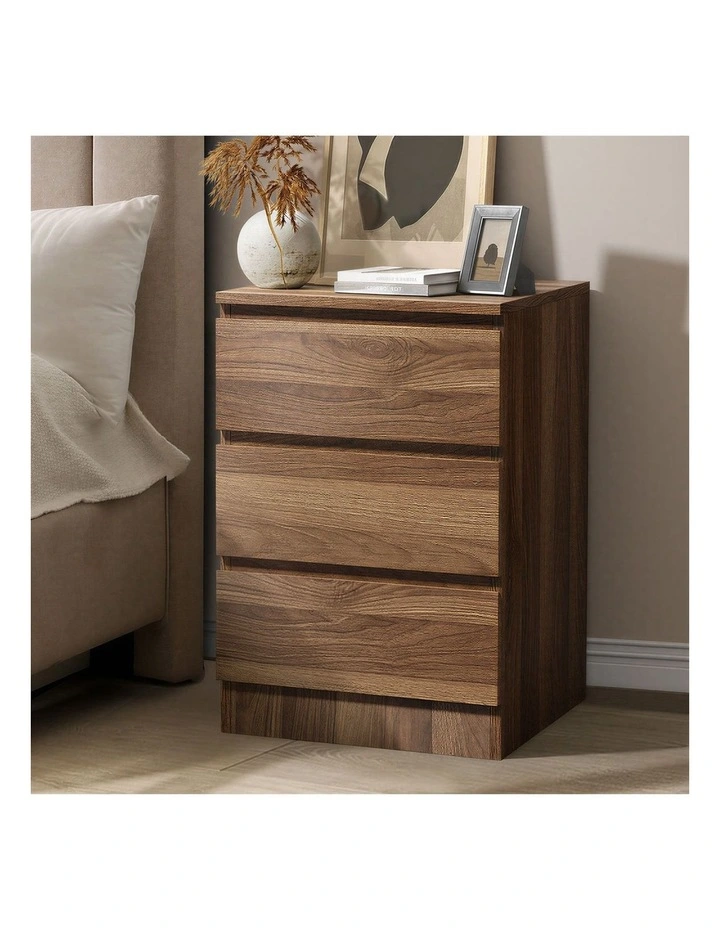 Oikiture Bedside Table 3 Drawers Side Tables Storage Cabinet Nightstand Walnut image 4