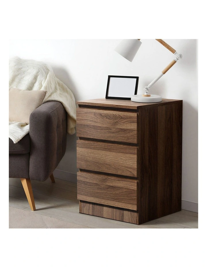 Oikiture Bedside Table 3 Drawers Side Tables Storage Cabinet Nightstand Walnut image 5