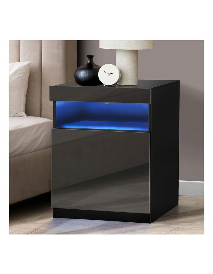 Oikiture Bedside Table LED Nightstand Shelf Side End Table Storage Cabinet Black image 4