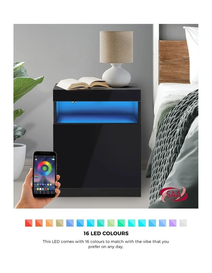 Oikiture Bedside Table LED Nightstand Shelf Side End Table Storage Cabinet Black image 5