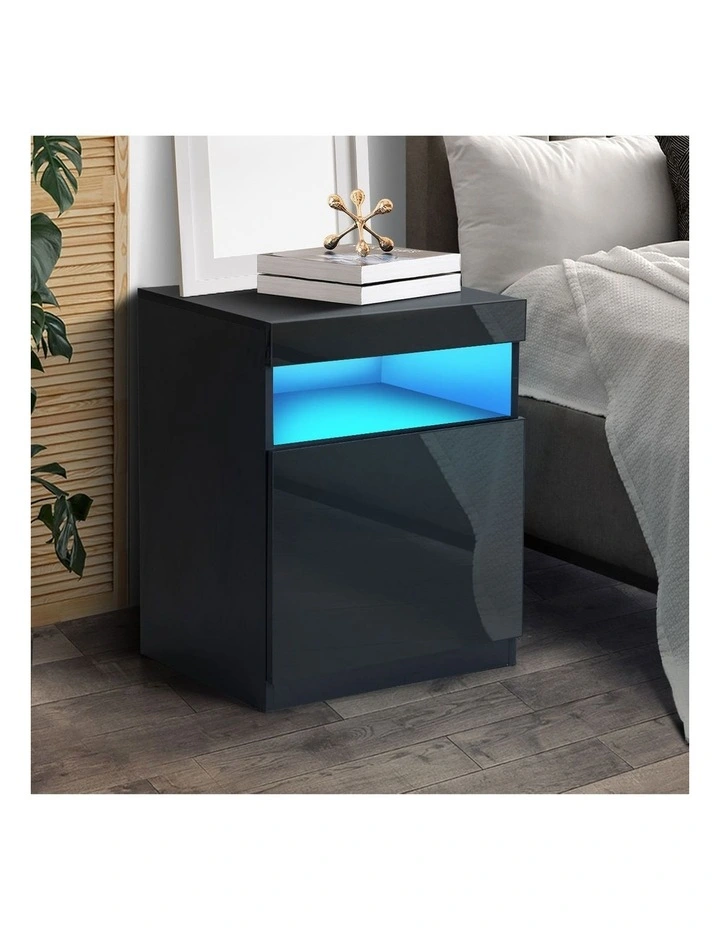 Oikiture Bedside Table LED Nightstand Shelf Side End Table Storage Cabinet Black image 7