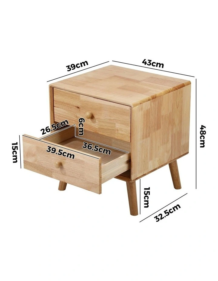 Oikiture Bedside Table 2 Drawers Side Tables Storage Nightstand Rubber Wood image 3